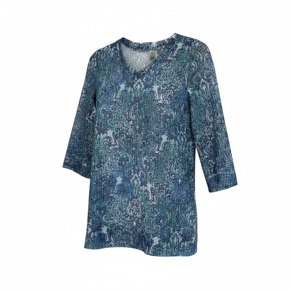 Thomas & Olivia Pullover Stretch Blouse Womens M Blue White Sequins Floral Tunic